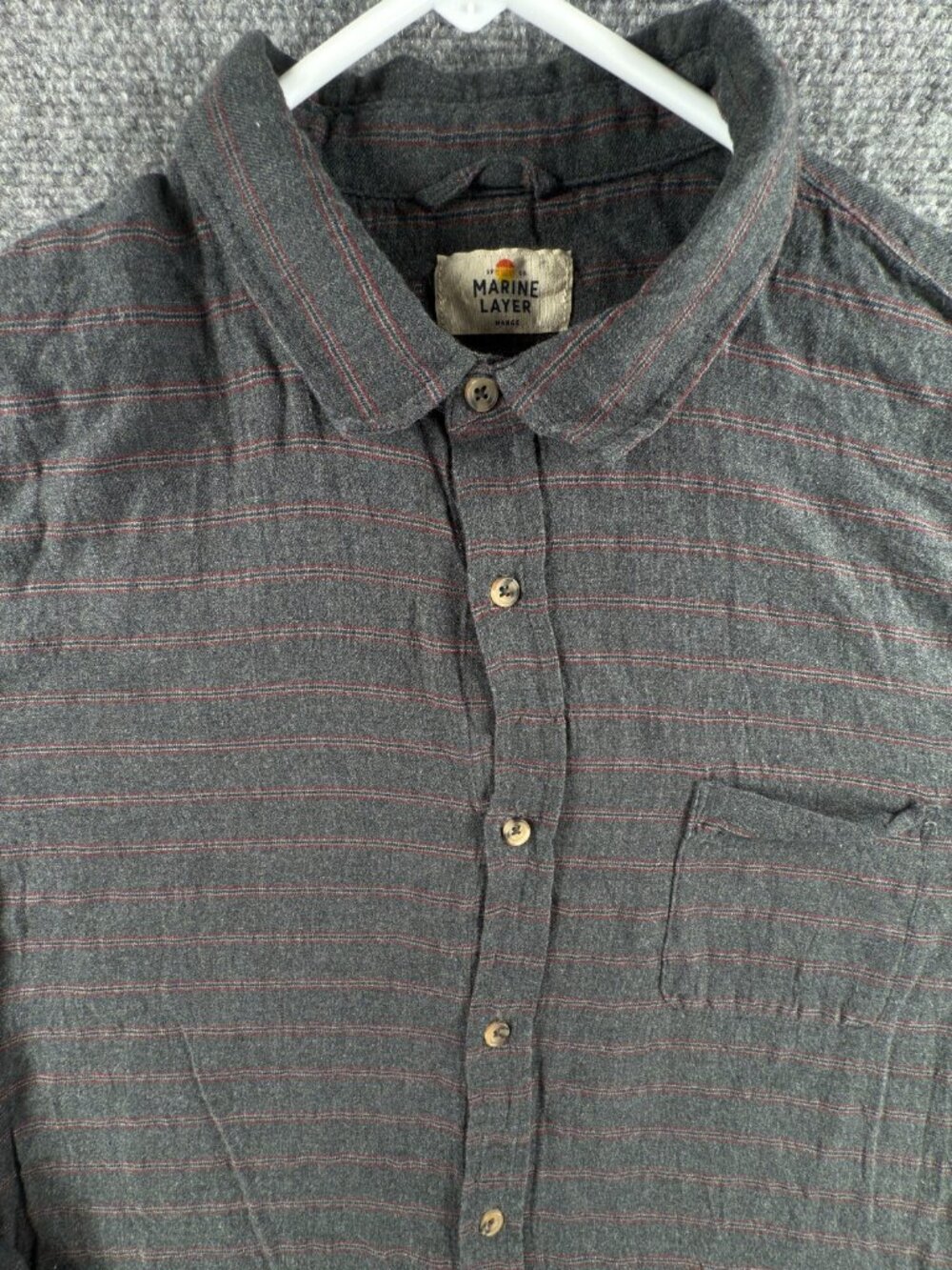 Marine Layer Marge Striped Long Sleeve Button Up Shirt Soft Gray Red Adult